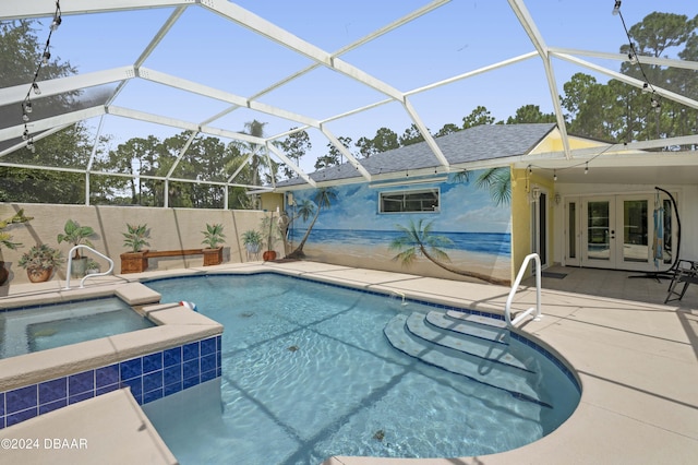 10 Pointing Pl, Palm Coast, FL 32164 - view of swimming pool featuring french doors, a patio, glass enclosure, and fence