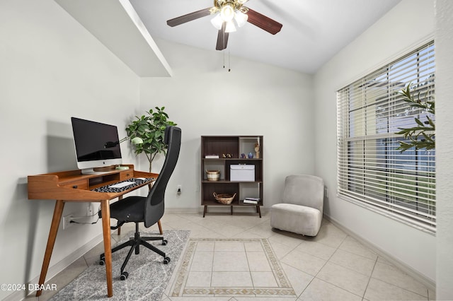 10 Pointing Pl, Palm Coast, FL 32164 - office space featuring light tile patterned flooring, lofted ceiling, a ceiling fan, and baseboards