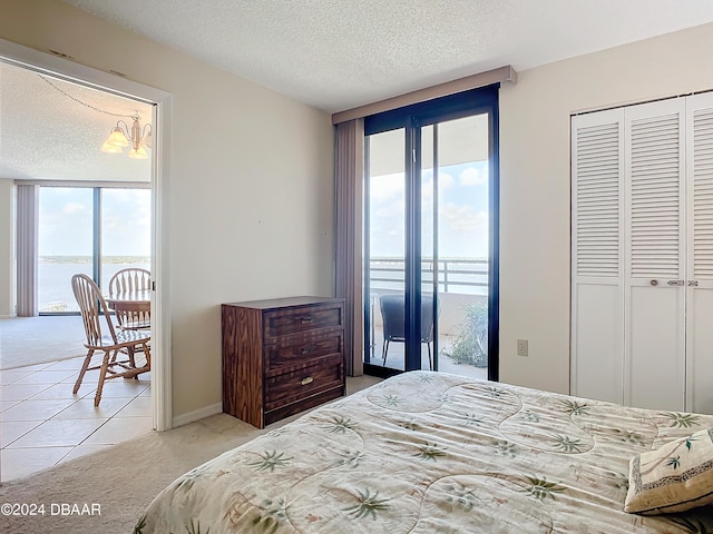 bedroom with a textured ceiling, a closet, light colored carpet, and access to outside