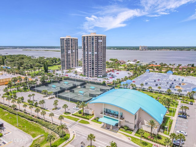 birds eye view of property featuring a water view