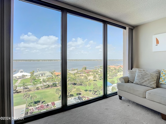 living room featuring a water view, a textured ceiling, floor to ceiling windows, and carpet flooring