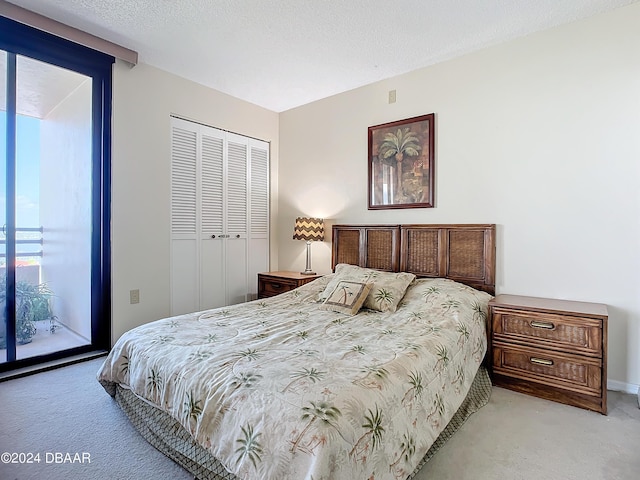 bedroom with a closet, light carpet, a textured ceiling, and access to exterior