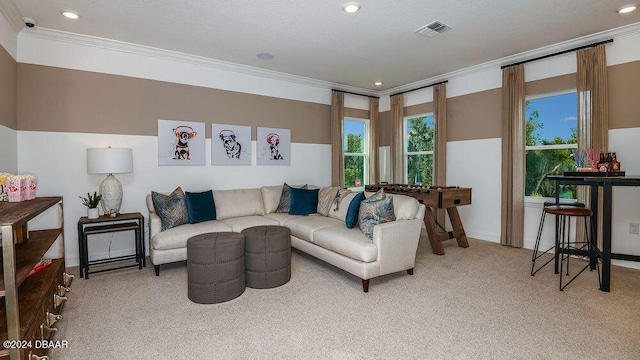 living room with crown molding, a healthy amount of sunlight, and carpet floors