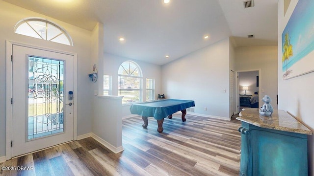 foyer entrance featuring baseboards, visible vents, light wood finished floors, recessed lighting, and pool table