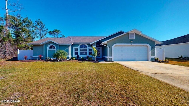 single story home with stucco siding, driveway, a front lawn, fence, and a garage