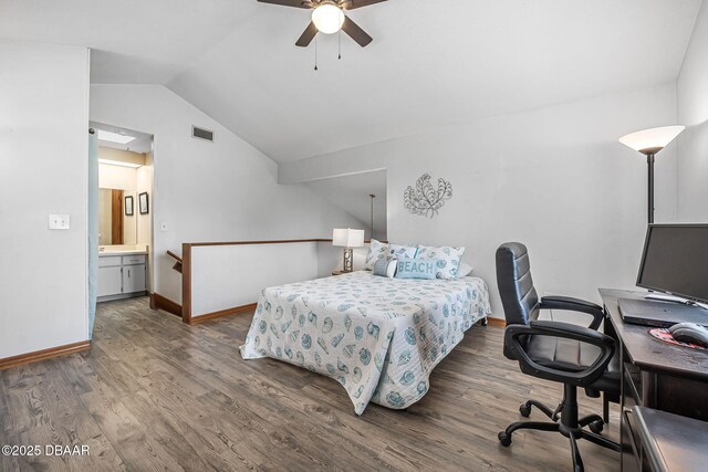 108 Shoal Creek Cir, Daytona Beach, FL 32114 - bedroom featuring wood finished floors, visible vents, vaulted ceiling, and baseboards