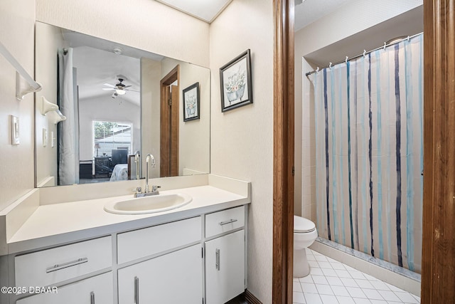 108 Shoal Creek Cir, Daytona Beach, FL 32114 - bathroom featuring tile patterned flooring, toilet, vanity, a ceiling fan, and lofted ceiling