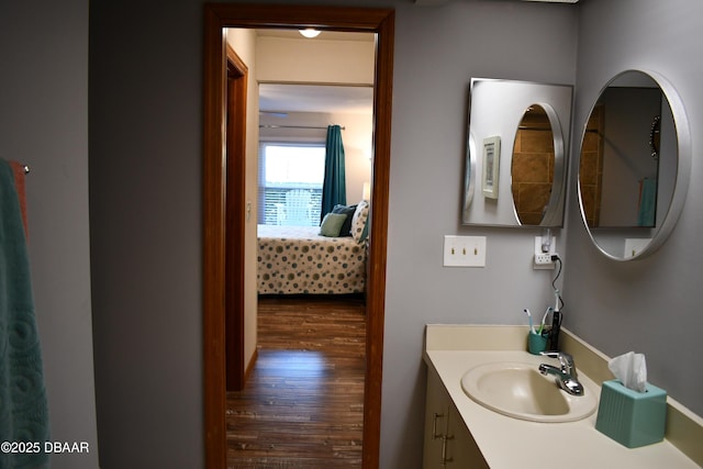 bathroom featuring connected bathroom, wood finished floors, and vanity