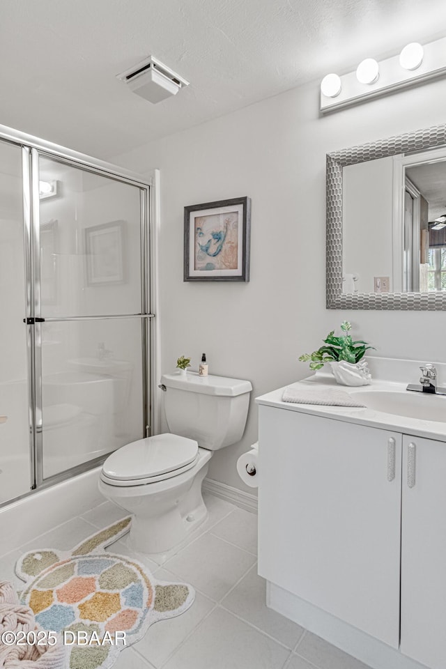 bathroom with tile patterned flooring, vanity, toilet, an enclosed shower, and visible vents