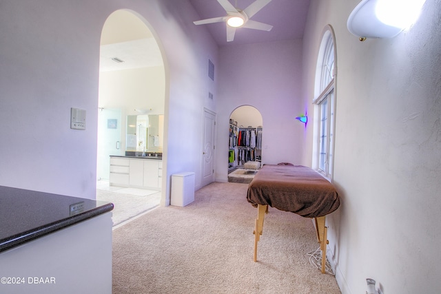 hallway with a towering ceiling and light carpet