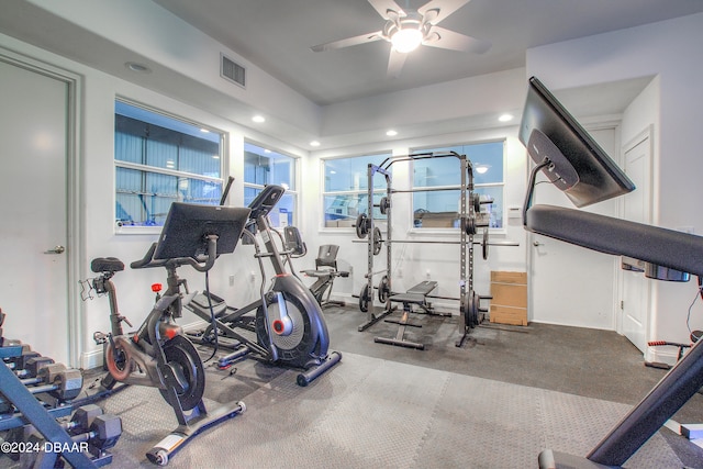 workout area featuring ceiling fan