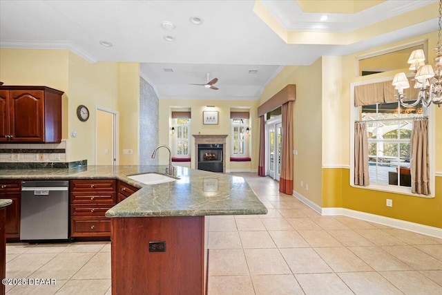 kitchen with sink, ornamental molding, stainless steel dishwasher, and light tile patterned flooring