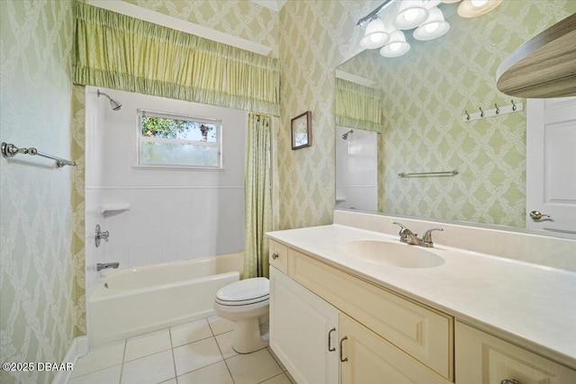 full bathroom with vanity, toilet, tile patterned flooring, and shower / bath combo with shower curtain