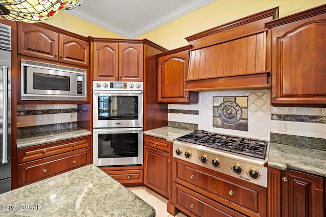 kitchen featuring tasteful backsplash, light tile patterned floors, ornamental molding, stainless steel appliances, and light stone countertops