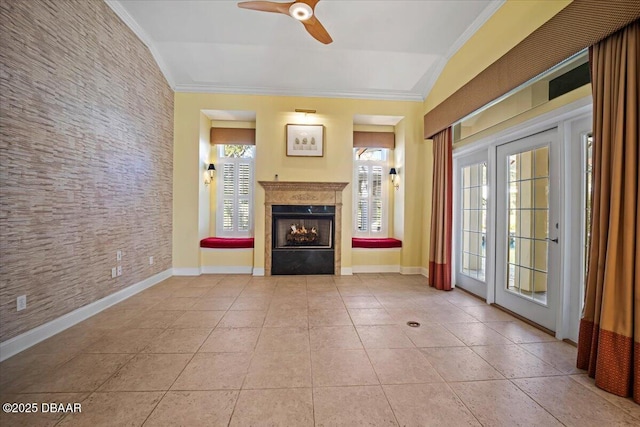 unfurnished living room with vaulted ceiling, light tile patterned floors, ceiling fan, and crown molding