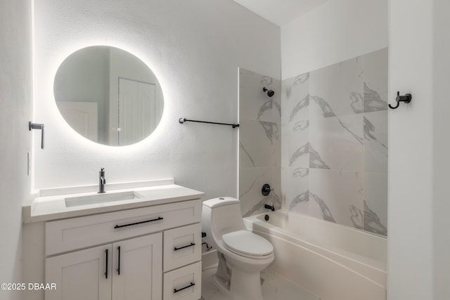 full bathroom with tiled shower / bath combo, vanity, and toilet