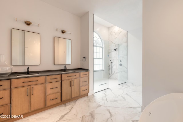 bathroom with vanity and shower with separate bathtub