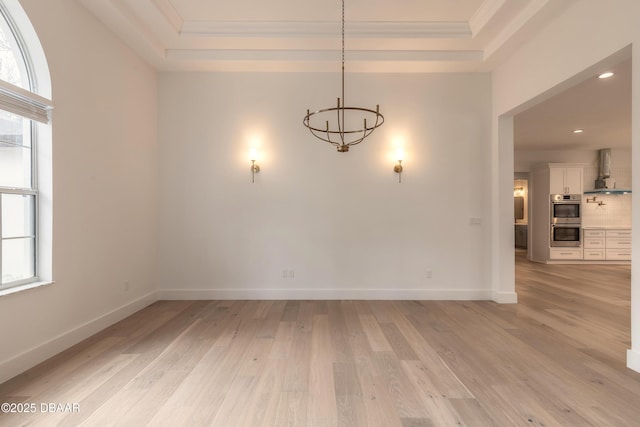 empty room featuring a wealth of natural light, light hardwood / wood-style floors, and a raised ceiling