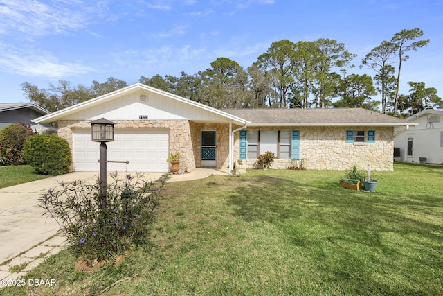 ranch-style home with a garage, a front yard, stone siding, and concrete driveway