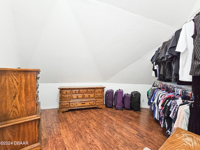 spacious closet with lofted ceiling and dark hardwood / wood-style floors