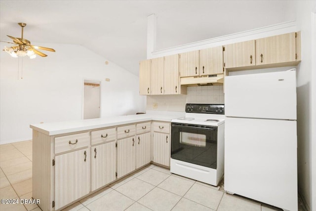 kitchen with light tile patterned flooring, kitchen peninsula, white fridge, and electric range oven