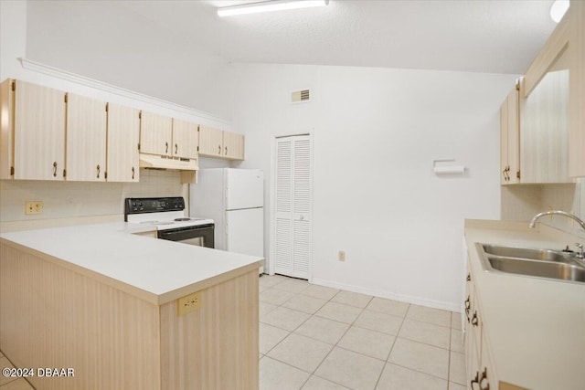 kitchen with sink, white appliances, tasteful backsplash, vaulted ceiling, and light brown cabinets