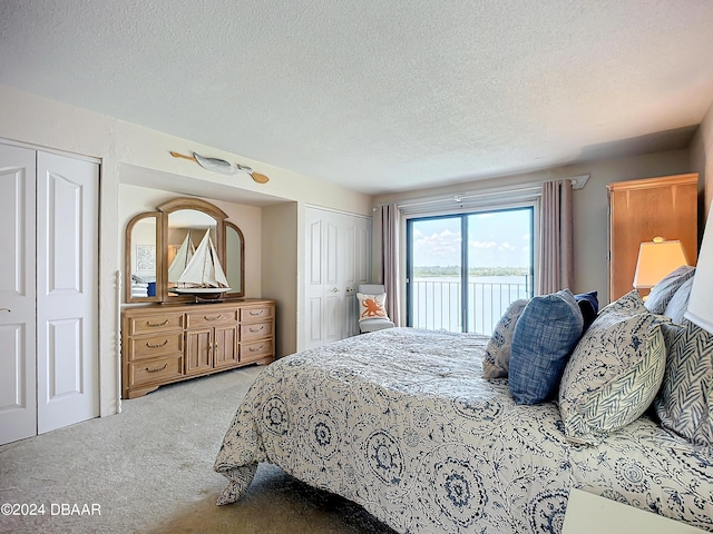 bedroom featuring access to outside, carpet flooring, a textured ceiling, and two closets