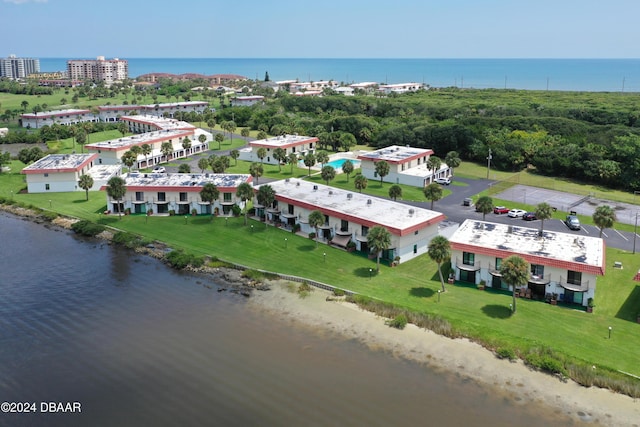 drone / aerial view featuring a water view