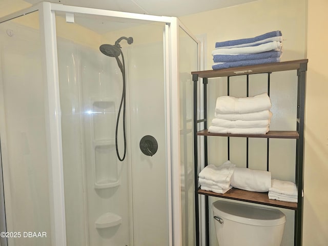 bathroom featuring toilet and a shower stall