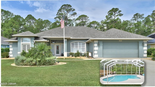 single story home with stucco siding, roof with shingles, a front yard, and an attached garage