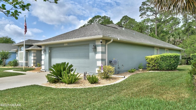 view of property exterior featuring an attached garage, stucco siding, a lawn, and a shingled roof