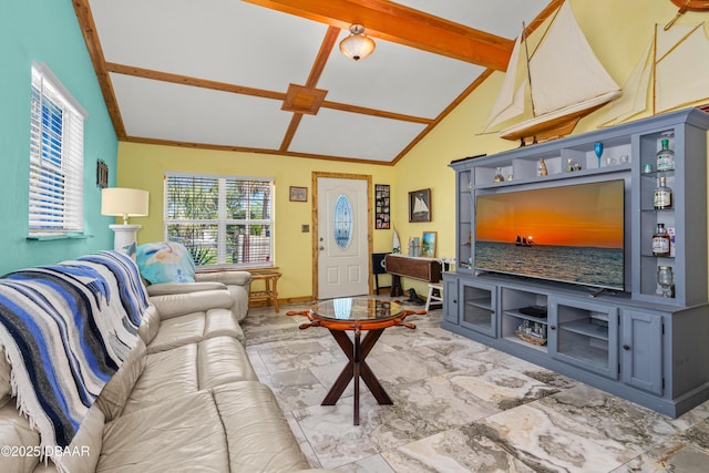 living room with vaulted ceiling with beams, baseboards, and marble finish floor