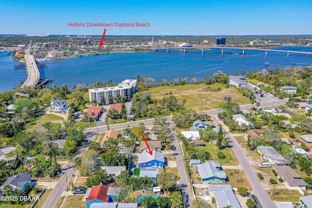 drone / aerial view featuring a water view