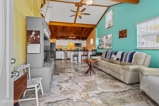 living room with beam ceiling, marble finish floor, high vaulted ceiling, and a ceiling fan
