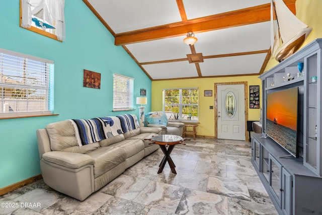 living room with beamed ceiling, high vaulted ceiling, and baseboards
