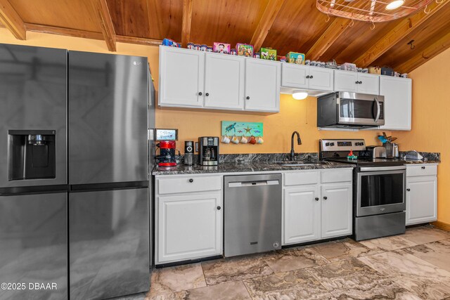 kitchen featuring wood ceiling, white cabinetry, stainless steel appliances, and a sink