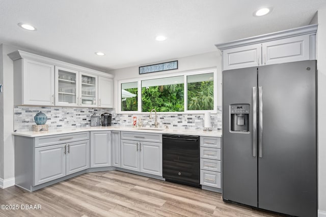 49 Bosarvey Cir, Ormond Beach, FL 32176 - kitchen featuring stainless steel fridge with ice dispenser, dishwasher, gray cabinetry, and recessed lighting