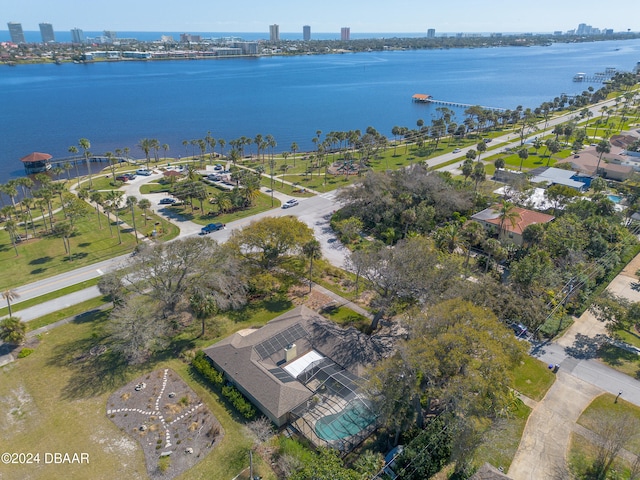 birds eye view of property featuring a water view