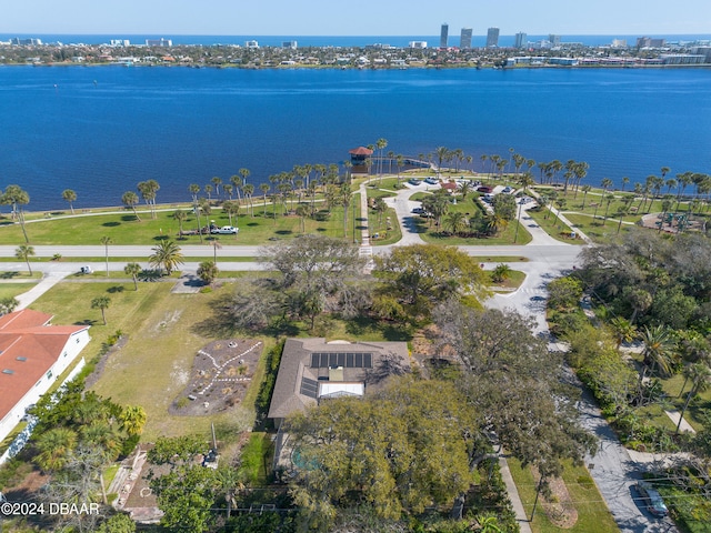 drone / aerial view featuring a water view