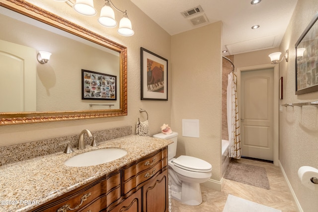 full bathroom featuring vanity, tile patterned floors, toilet, and shower / bathtub combination with curtain