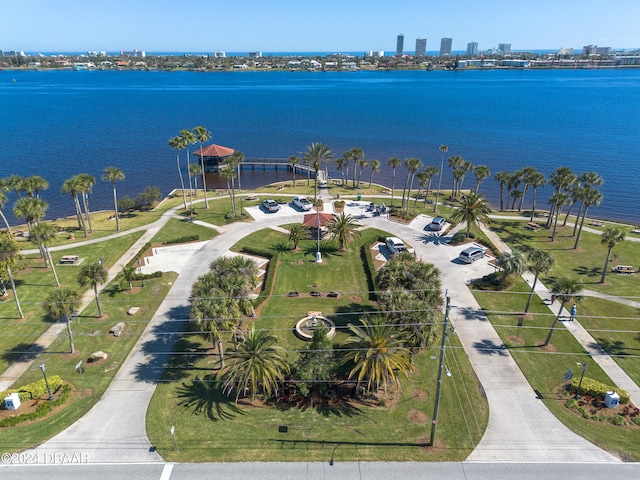 aerial view featuring a water view