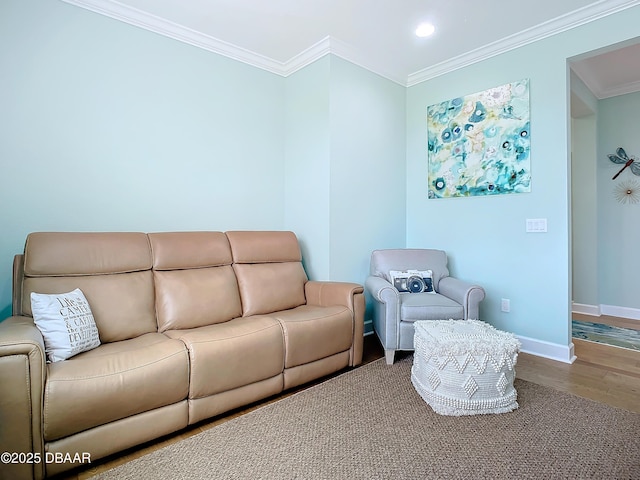 living room with crown molding and wood-type flooring