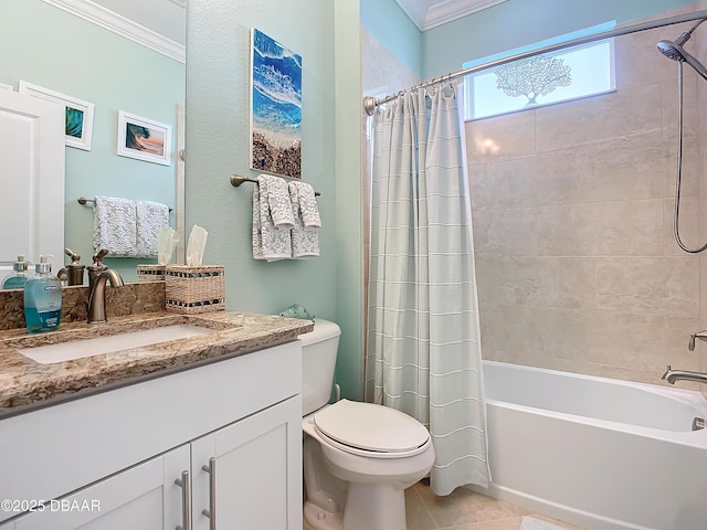 full bathroom with shower / bathtub combination with curtain, tile patterned floors, crown molding, toilet, and vanity