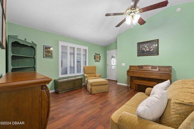 3457 Martingale Ct, Port Orange, FL 32129 - living room with vaulted ceiling, a ceiling fan, and wood finished floors