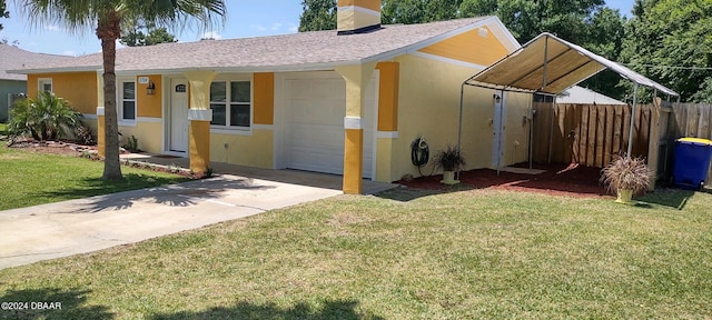 view of front of property with a front lawn and a garage