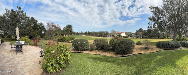 view of property's community with a patio and a yard