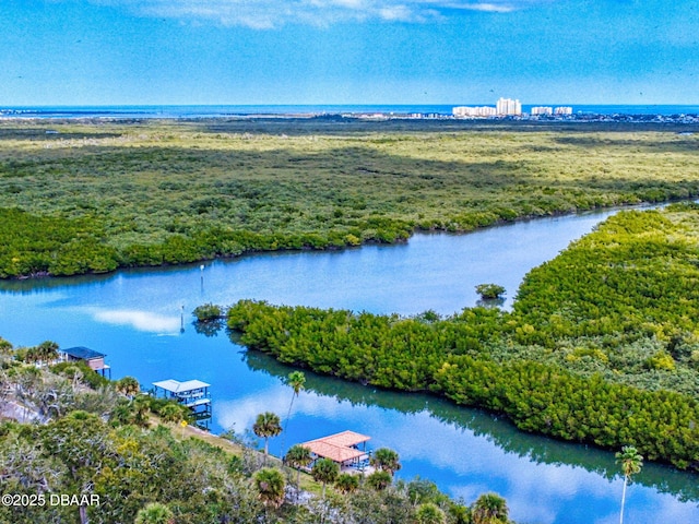 drone / aerial view with a water view