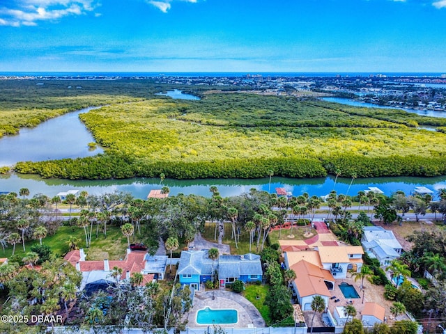 aerial view featuring a water view