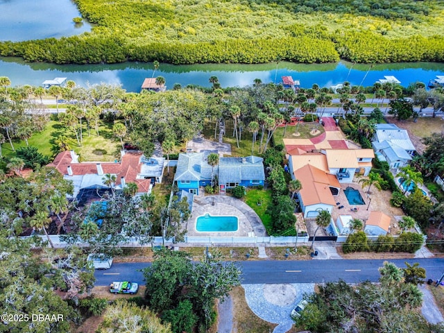 aerial view featuring a water view