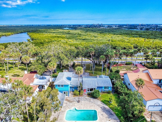 aerial view featuring a water view